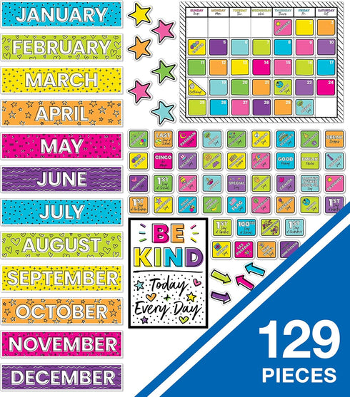 129 Pcs. Carson Dellosa Kind Vibes Calendar Bulletin Board Set, Colorful Bulletin Board Calendar Classroom Décor with Motivational Mini Posters, N...