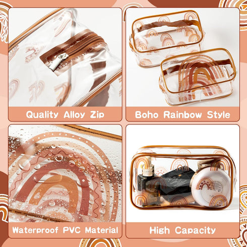Y1tvei 2Pcs Summer Boho Rainbow Clear PVC Makeup Bag Stylish Brown Fall Theme Plastic Cosmetic Toiletry Bag with Zipper Makeup Case Portable Water...