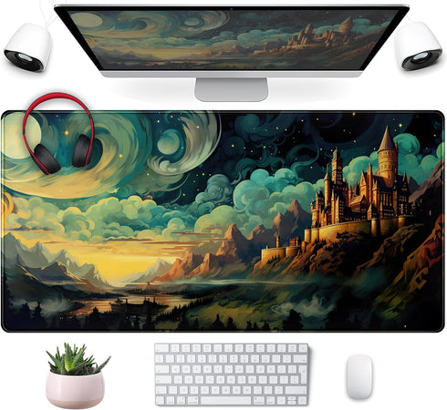 Cool Aesthetic Castle Mouse Pad Desk Pad Cute Cloudy and Starry Desk Mat, Office Desk Decor Anime Mousepad Laptop Keyboard and Mouse Mat, XXL Larg...
