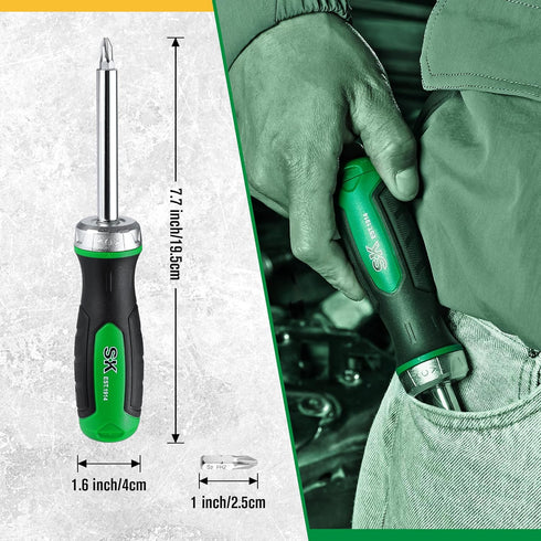 SK 7-in-1 Ratcheting Screwdriver, 216-P, 6 Bits (Phillips, Star, Slotted), 1 Nut Driver Size (1/4 Inch), S2 Steel, SureGrip Handle...