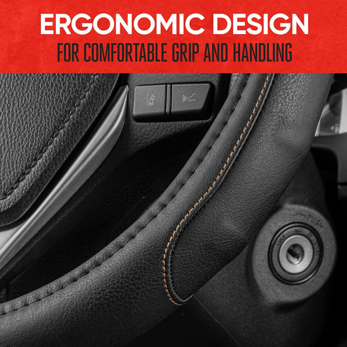 Motor Trend GripDrive Pro Synthetic Leather Auto Car Steering Wheel Cover Black w/ Beige Accent Stitching Comfort Grip - Small 13.5 to 14.5 inch -...