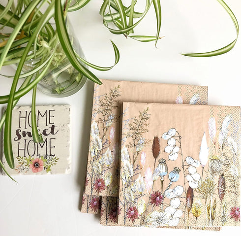 20 Counts 6.5 x 6.5 inches 3-Ply Tan Floral Decorative Napkins for Decoupage, Nature Themed Events, Eco-Friendly & Biodegradable...