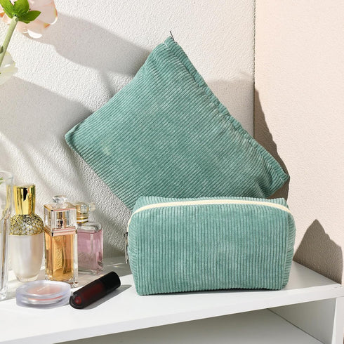 2 Pieces Corduroy Green Makeup Bag Large Corduroy Cosmetic Bag Capacity Canvas Travel Toiletry Bag Organizer Cute Makeup Brushes Aesthetic Accesso...
