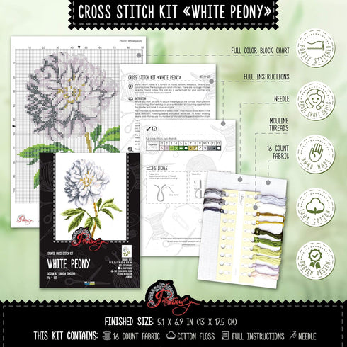 Counted Cross Stitch Kit 'White Peony' Flowers, 5.1" ? 6.9", Floral Embroidery Kit for Beginners with Pattern for Home Decor...