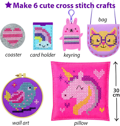 KRAFUN Beginner My First Cross Stitch Kit for Kids Arts & Crafts, 6 Easy Projects of Felt Keyring, Bag, Pillow Craft, Instructions, Gift for Girls...