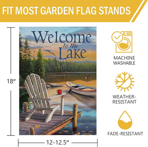 Summer Spring Welcome to the Lake Adirondack Chairs Small Decorative Garden Flag, Lakeside Boat Ocean Yard Outside Burlap Decoration Outdoor Decor...