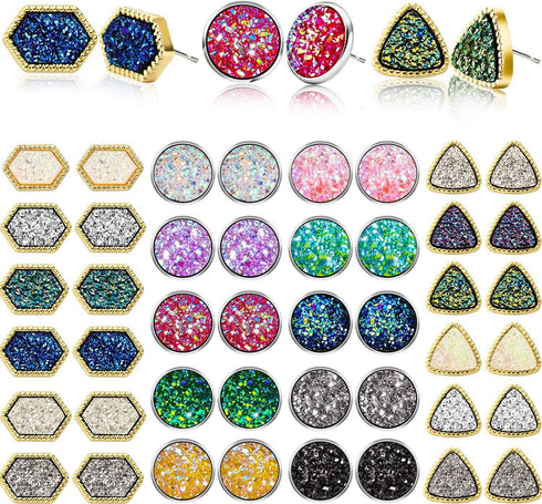 22 Pairs Faux Druzy Stud Earrings Glitter Bohemian Stud Earring Gift for Women Fashion Pierced Earring...