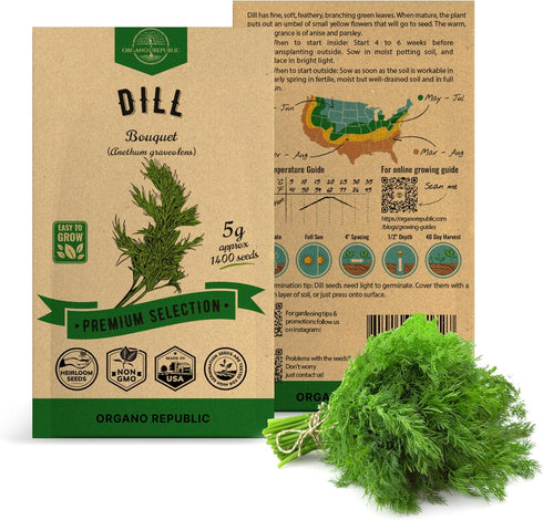 Dill Bouquet Seeds Pack 5 G - Over 1,400 Non-GMO Heirloom Dill Seeds for Planting Herbs in Individual Seed Packet, Herbs Seeds for Planting Home G...