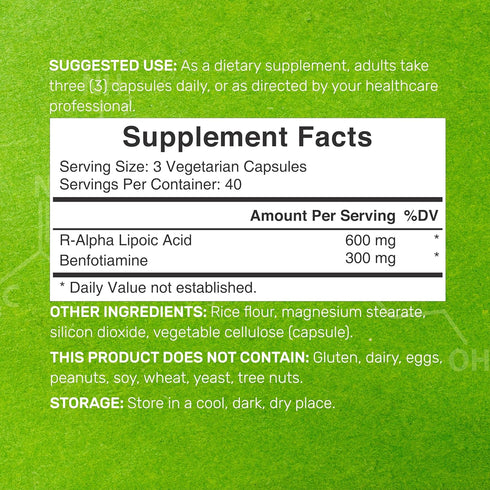 DEAL SUPPLEMENT R Alpha Lipoic Acid 600mg with Benfotiamine 300mg Per Serving, 120 Veggie Capsules – 200mg R-ALA Per Capsule – Antioxidant Supplem...