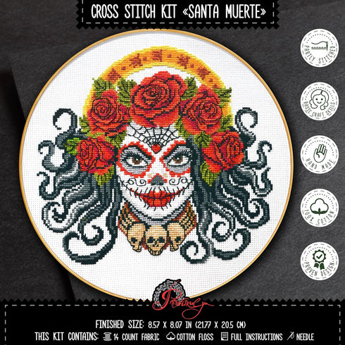 Santa Muerte' Counted Cross Stitch Kit for Adults - DIY Needlework Set with Design Pattern - Halloween, Day of The Dead, Día de los Muertos Embro...