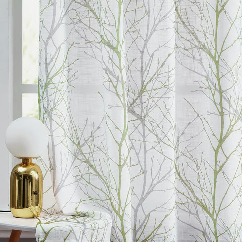 FMFUNCTEX Sheer French Door Curtains 40 Inches Long Green White Semi-Sheer Patio Half Door Panel Branch Tree Print Curtains for Glass Door with 1 ...