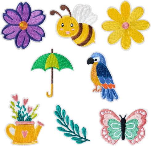8 Pcs Summer Iron on Patches Colorful Flowers Bee Butterfly Sew on Embroidered Applique Repair Patch Seasonal DIY Crafts Accessories Festive Gifts...