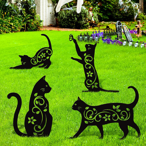 Elcoho 4 Pack Black Cat Silhouette Cute Metal Cat Garden Statues Bird Repellent Cat Decorative Garden Stakes for Yard, Garden, Lawn Outdoor Decora...