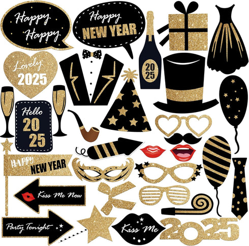 KatchOn, Glitter New Years Photo Booth Props 2025 - Pack of 32 | New Years Eve Photo Booth Props 2025, Happy New Years Decorations 2025 | New Year...