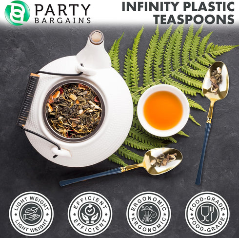 Party Bargains Disposable Plastic Navy Gold Teaspoons, Infinity Modern Design Utensils, 40 Pack...