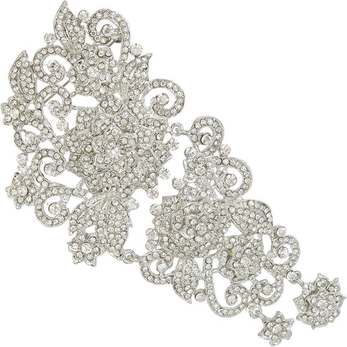 EVER FAITH Bridal 6 Inch Silver-Tone Flower Austrian Crystal Leaf Vine Brooch Clear...