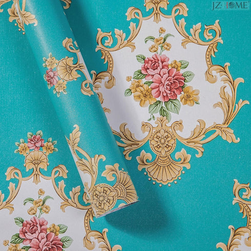 5482 Luxury Damask Peel and Stick Wallpaper 17.7"× 9.8ft Cyan Peony Floral Self Adhesive Contact Paper Removable Damask Furniture Decorative Paper...