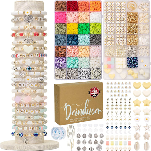 Deinduser Bracelet Making Kit with Stand, 7800pcs Clay Bead Set for Adults, 2Boxes Clay Beads Kit with Gold Round Letter, Number & Pattern Beads, ...