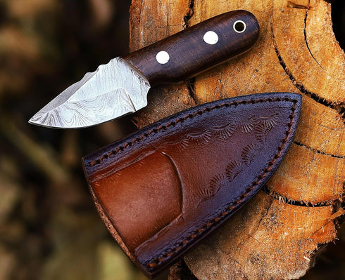 Ancilla Handmade Damascus Hunting Knife - EDC Camping Knife - Fixed Blade Mini Pocket knife - Full Tang Bushcraft and Skinning Knife with Leather ...
