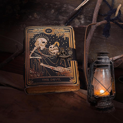 VC Book of Spells Leather Journal Deckle Edge Paper Grimoire Printed Journal The Devil Tarot Notebook Spiral Gothic Notebook Skull lover Antique V...