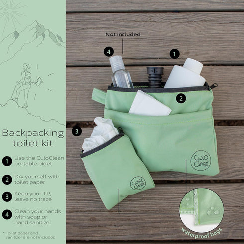 CuloClean Hygiene bag for hiking + Portable travel bidet portatil + bottle. Personal hygiene kit for hikers, leave no trace (LNT) while hiking in ...