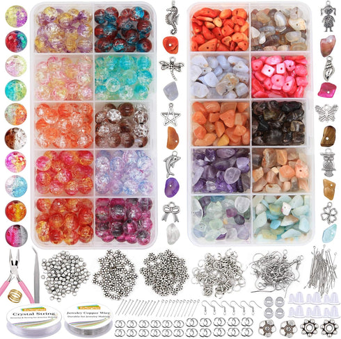 EuTengHao 1458Pcs Irregular Chip Stone Beads Natural Gemstone Beads and Crackle Lampwork Glass Beads 8mm Round Handcrafted Crackle Beads Kit for B...