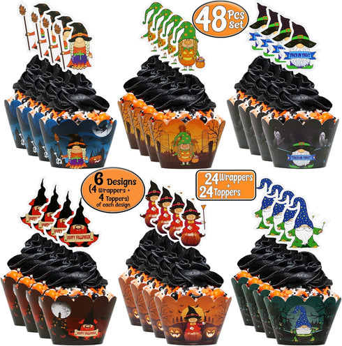 Halloween Cupcake Wrappers | 48 Pcs Set (24 Wrappers + 24 Toppers) | Halloween Gnomes Cupcake Wrapper Set | Halloween Party Decorations Baking | S...