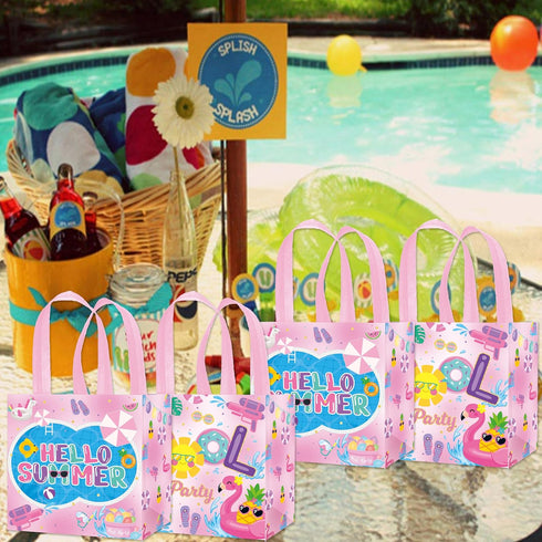 C L cooper life 12pcs Summer Pool Party Gift Treat Bags with Handles Pink Hello Summer Theme Non-Woven Bags for Girls Beach Pool Birthday Party Ha...