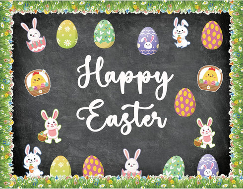 72 PCS Easter Cutouts for Bulletin Board Decoration, Easter Egg Bunny Rabbits Paper Cutouts Grass Border for Easter Spring Party Home Office Schoo...