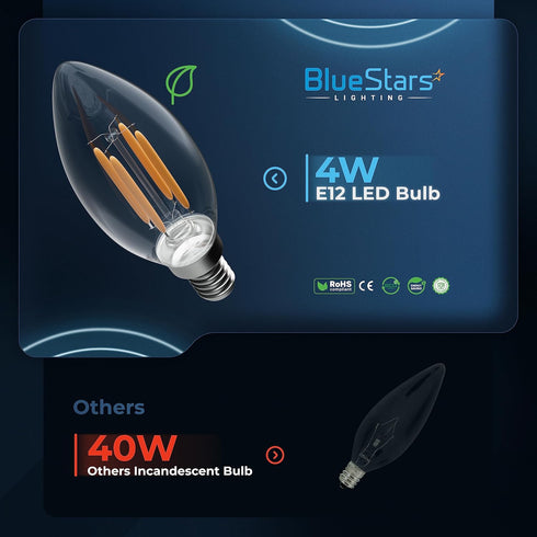 BlueStars 12-PACK B10 E12 LED Bulbs DIMMABLE 4W 2700K Warm White Light, 40W Equivalent, E12 Candelabra Base B10/B11 Bullet Shape 440 lumens for Ce...