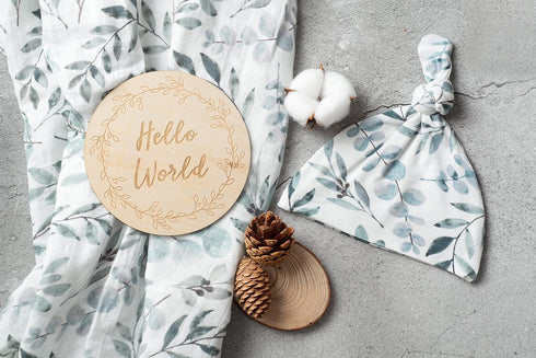 Miaoberry Organic Muslin Swaddle Blankets with Matching Hat and Wooden Hello World Newborn Sign | Eucalyptus Newborn Photography Props | Birth Ann...