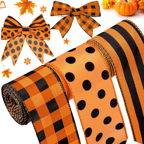 3 Rolls Christmas Burlap Ribbon Orange and Black Plaid Wrapping Wired Ribbons Autumn Christmas Dot Pattern Striped Ribbons for Home DIY Crafts Par...