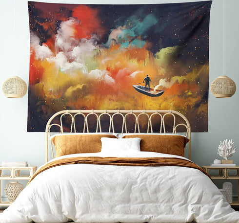 Ambesonne Fantasy Tapestry, Man on a Boat Floating Within Nebula Cloud in Vivid Colorful Psychedelic Background, Wide Wall Hanging for Bedroom Liv...