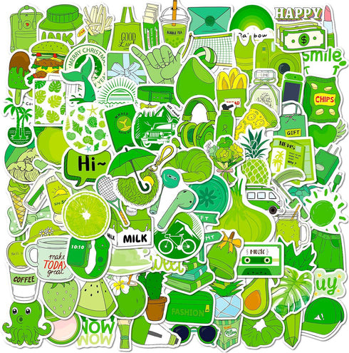 100 Pcs Green Stickers Pack for Teens Girls Boys, Girl's Green Aesthetic Stickers, Cute Green Stickers, Waterproof Vinyl Stickers, Vsco Stickers f...