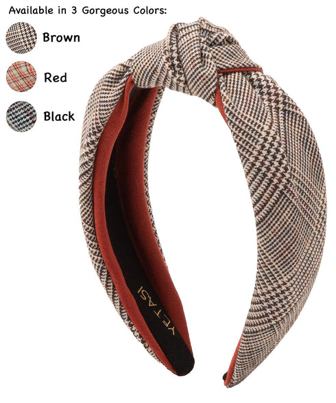Brown Women's Headbands - Non-Slip Plaid Knotted Headband with Unique Top Knot Design...