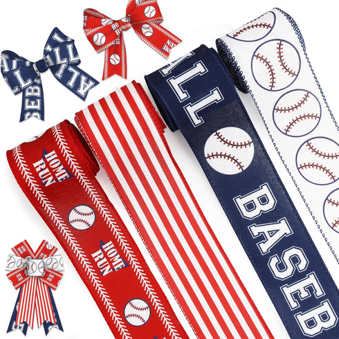 Baseball Wired Edge Ribbon 2.5 Inch Red Blue Craft Ribbon Wired Fabric Ribbon for Sport Events DIY Bow Wreath Wrapping Supplies,2.5"*10 Yards, 4 R...