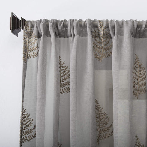 No. 918 Fern Embroidered Fern Sheer Rod Pocket Curtain Panel, 50" x 63", Gold/Gray...