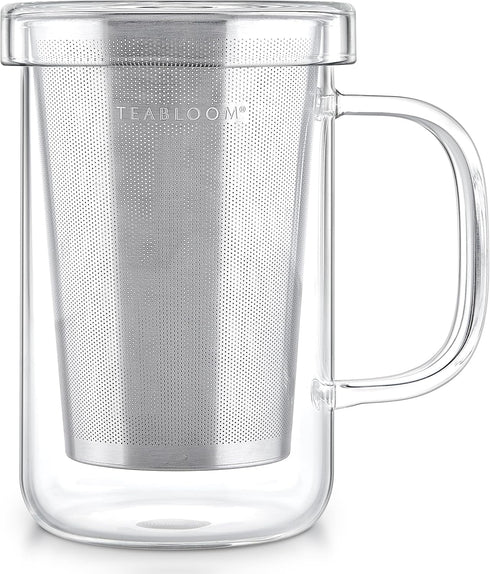 Teabloom Premium Borosilicate Glass Mug with Stainless Steel Loose Leaf Tea Infuser and Lid/Dish - 12 Ounces (350 mL)...