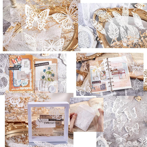 40 PCS Scrapbook Supplies Scrapbooking Lace Paper Butterfly Leaves Feather Series Journaling Supplies Craft Decorative Paper for Art Journaling Bu...