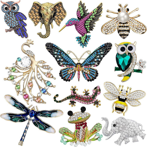 12 Pcs Women Brooches Bulk Set Rhinestone Crystal Vintage with Hummingbird Owl Elephant Peacock Bee Brooch Pin Animal Shape Butterfly Pins for Wom...
