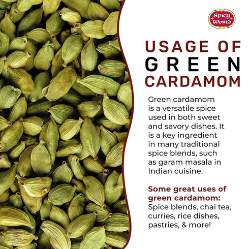 Spicy World Whole Green Cardamom Pods 7 Oz Large Bag (200g) - Natural Spice, Vegan, Large, Aromatic - By Spicy World...