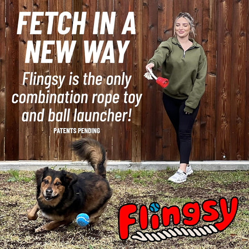 Made in USA Flingsy Dog Ball Launcher and Rope Tug Fetch Thrower Combination Throwing Toy with 100-Percent Natural Cotton Rope...