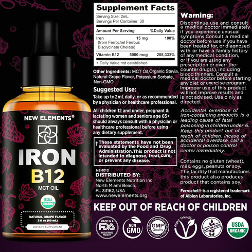 Liquid Iron Supplement for Women & Men with Vitamin B12 5000mcg - Free Blood Builder for Anemia - Liquid Vitamin B12 Drops for Adults with MCT Oil...