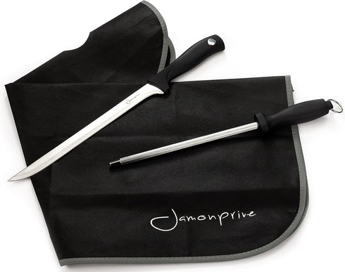 Ham Carving Knife with Honing Steel and Ham Cover - Professional Set for Slicing Serrano, Ibérico Ham & Italian Prosciutto...