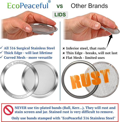 4 Pack Mason Jar Sprouting Lids for Wide Mouth Mason Jars (Ball or Kerr) - 316 Surgical Stainless Steel Curved Mesh Sprouting Set (4 Rings, 4 Scre...