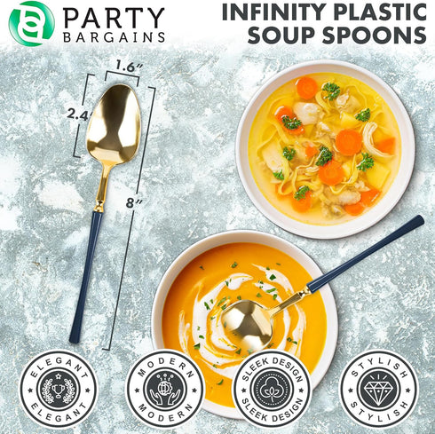 Party Bargains Disposable Plastic Navy Gold Soup Spoons, Infinity Modern Design Utensils, 40 Pack...
