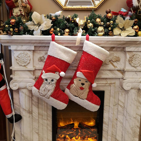 WEWILL 20'' Cute Cat Christmas Stockings Embroidered Xmas Socks Holiday Party Pet Theme Gift for Kitty...