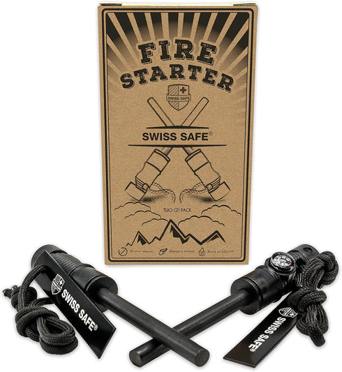 Swiss Safe 5-in-1 Fire Starter with Compass, Paracord and Whistle (2-Pack) for Emergency Survival Kits, Camping, Hiking, All-Weather Magnesium Fer...