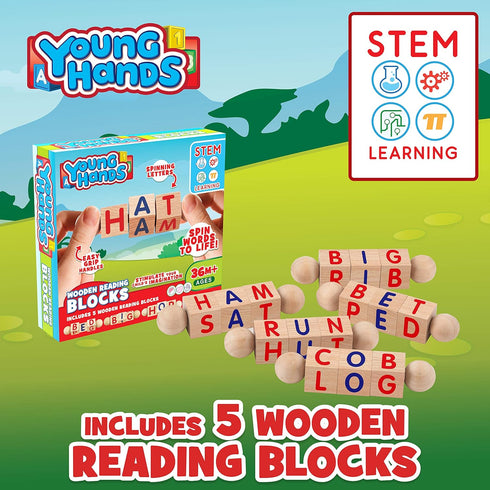 Creative Kids Wooden Reading Blocks - Set of 5 Spinning Alphabet Blocks w/Easy-Grip Handles - Kindergarten Preschool Learning Activities Letter Wo...