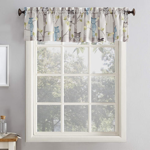 No. 918 Hoot Owl Print Semi-Sheer Rod Pocket Kitchen Curtain Valance, 56" x 14", Mocha...